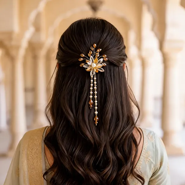 Gold__Tone_Floral_Beaded_Decorative_Hair_Accessory_For_Women
