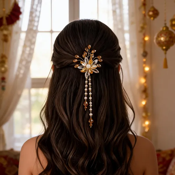 Gold__Tone_Floral_Beaded_Decorative_Hair_Accessory_For_Women