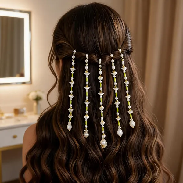 Green_&_White_Green_Alloy_Pearl_Floral_Hair_Chain_For_Women