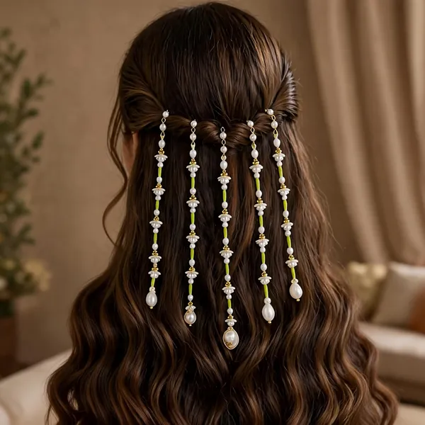 Green_&_White_Green_Alloy_Pearl_Floral_Hair_Chain_For_Women