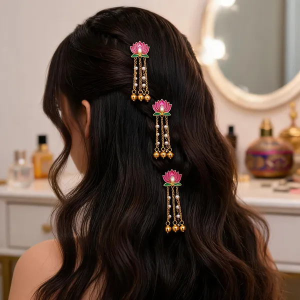 Gold__Alloy_Beaded_Lotus_Hair_Clips_For_Women