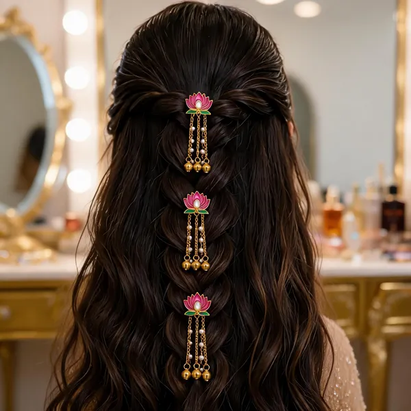 Gold__Alloy_Beaded_Lotus_Hair_Clips_For_Women