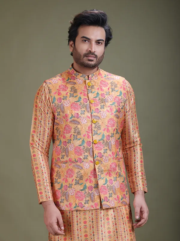 Mandarin_Collar_Long_Sleeves_Regular_Kurta_With_Pyjamas_&_Jacquard_Nehru_Jacket