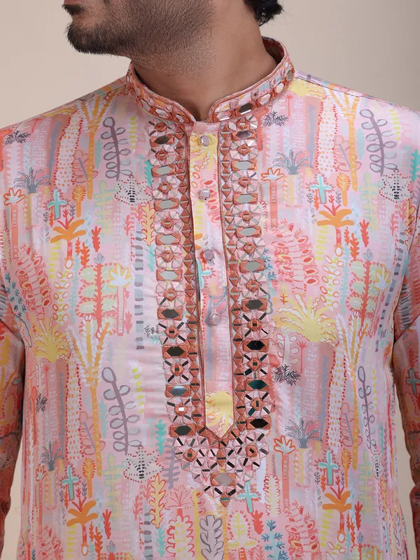 Embroidered_Mandarin_Collar_Real_Mirror_Work Floral_Printed_kurta