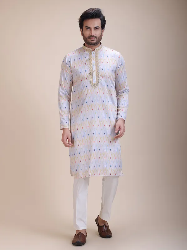 Embroidered_Mandarin_Collar_Real_Mirror_Work Printed_kurta