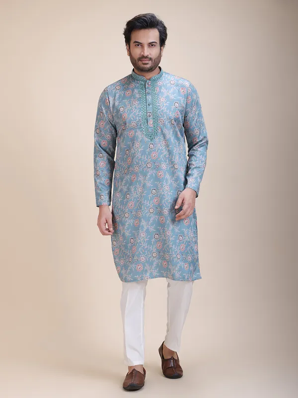 Embroidered_Mandarin_Collar_Real_Mirror_Work Floral_Printed_kurta