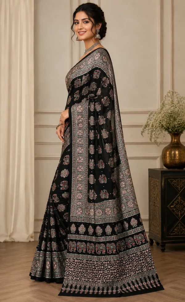 Black_Satin_Silk_Printed_Saree_For_Women