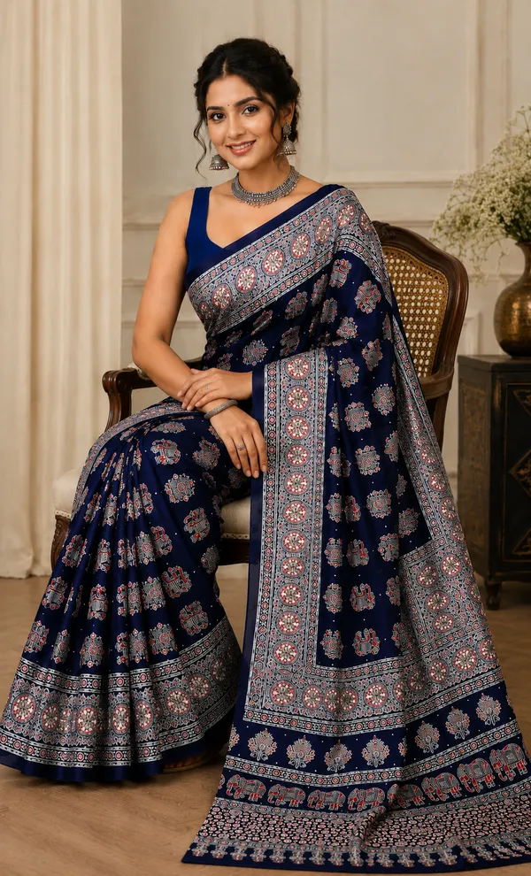 Navy_Blue_Satin_Silk_Printed_Saree_For_Women