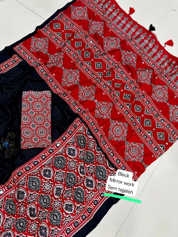 Red_Black_Satin_Silk_Mirror_Work_Printed_Saree_For_Women