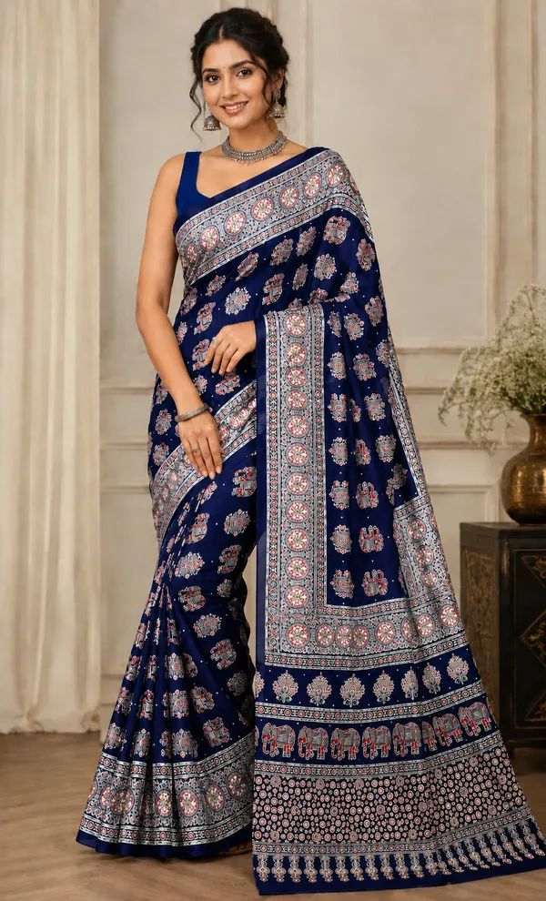 Navy_Blue_Satin_Silk_Printed_Saree_For_Women