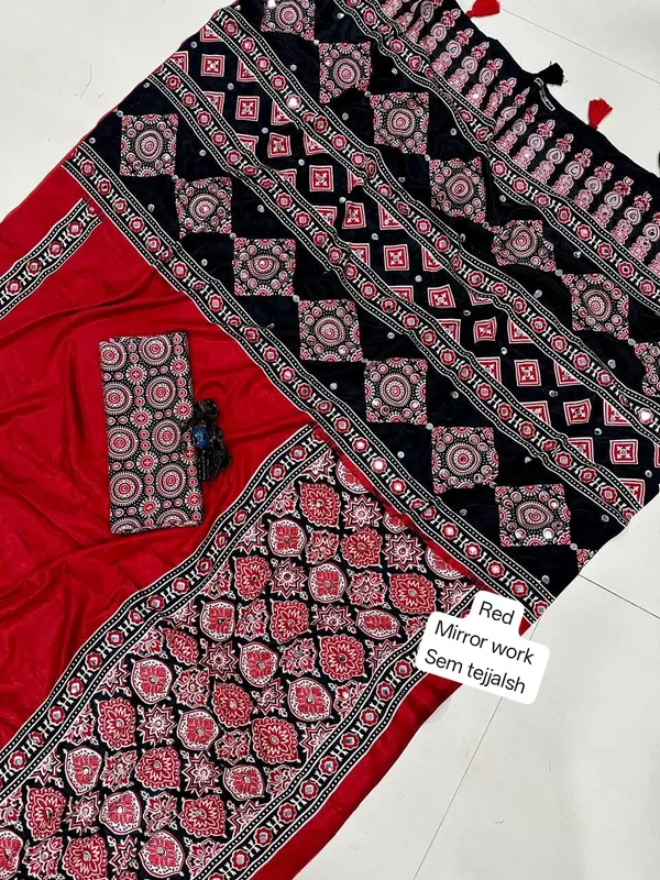 Red_Satin_Silk_Mirror_Work_Printed_Saree_For_Women
