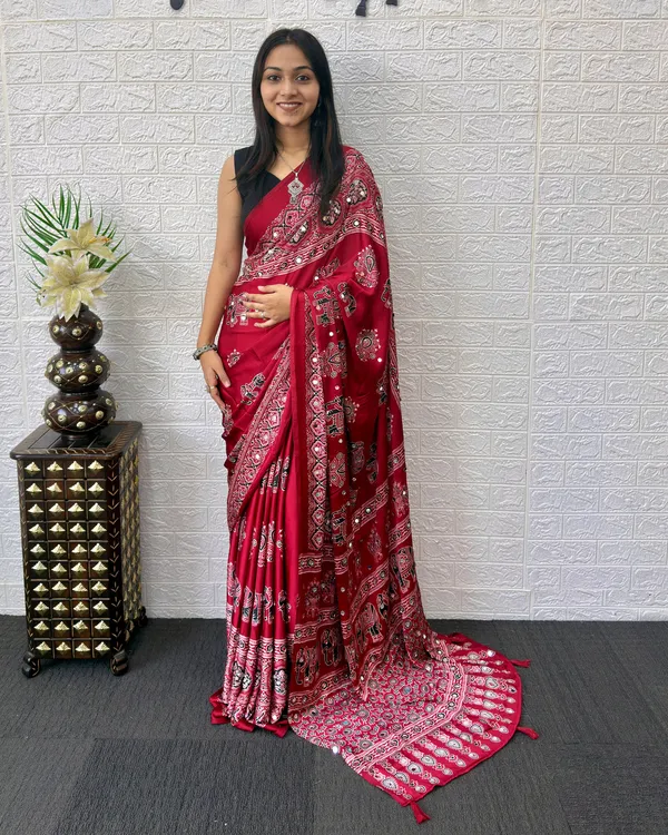 Red_Satin_Silk_Printed_Saree_For_Women