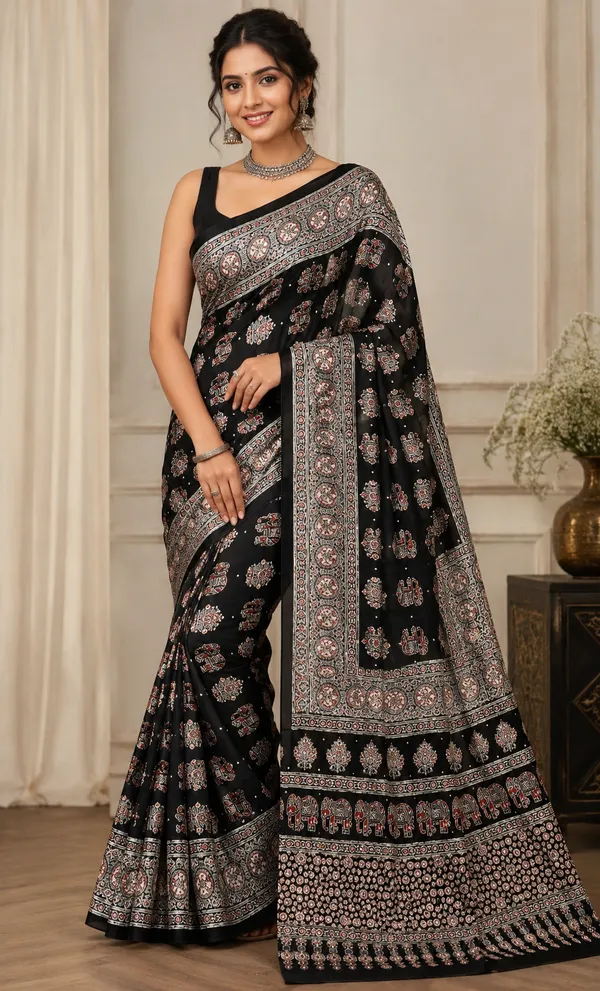 Black_Satin_Silk_Printed_Saree_For_Women