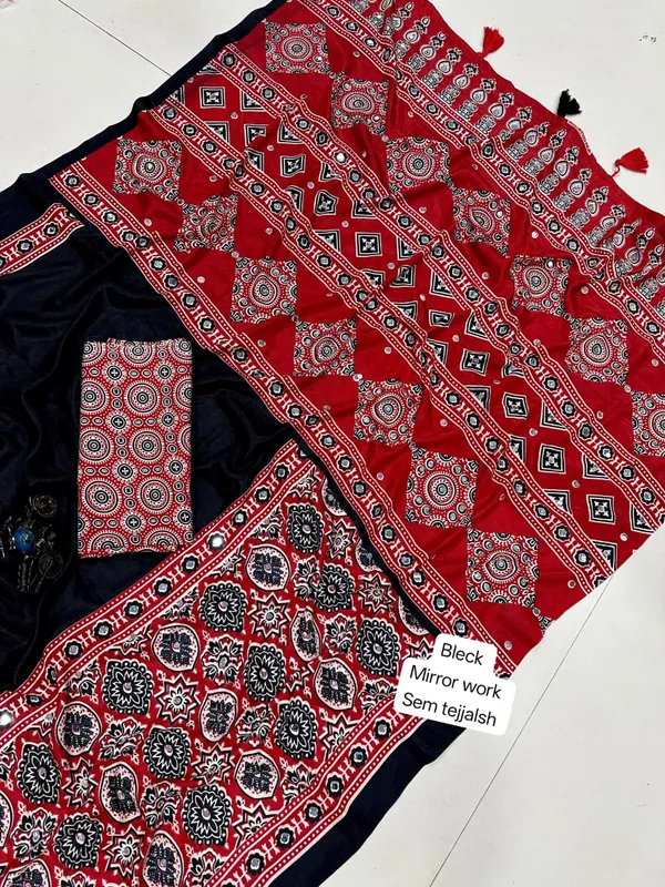 Red_Black_Satin_Silk_Mirror_Work_Printed_Saree_For_Women