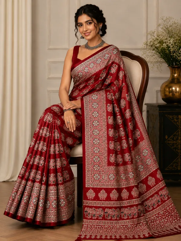 Red_Satin_Silk_Printed_Saree_For_Women