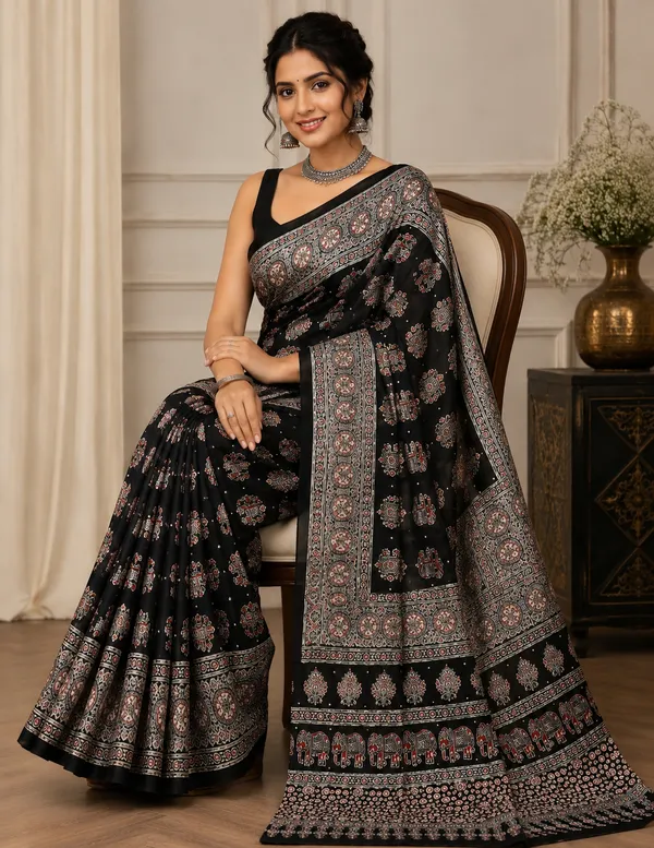 Black_Satin_Silk_Printed_Saree_For_Women