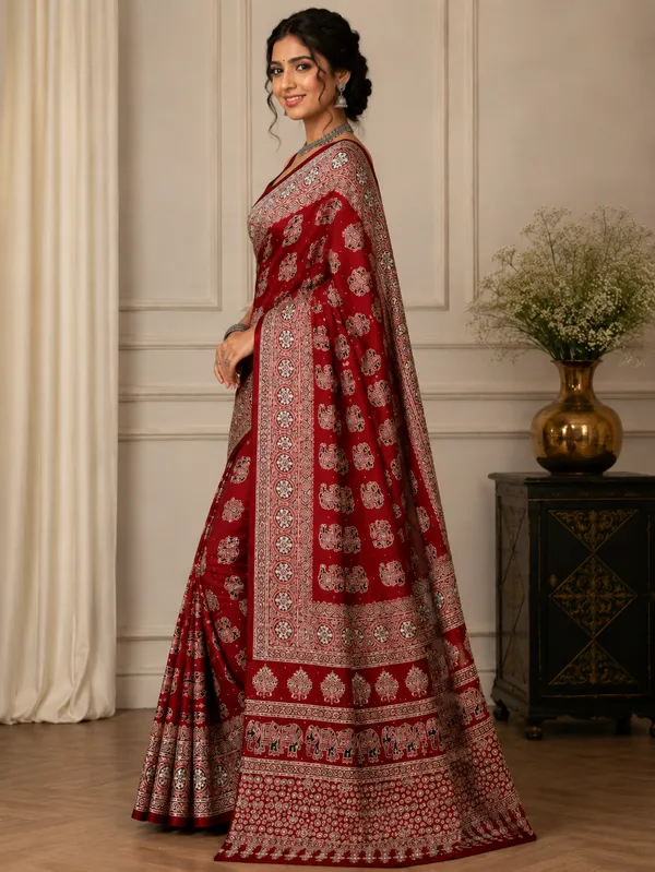 Red_Satin_Silk_Printed_Saree_For_Women