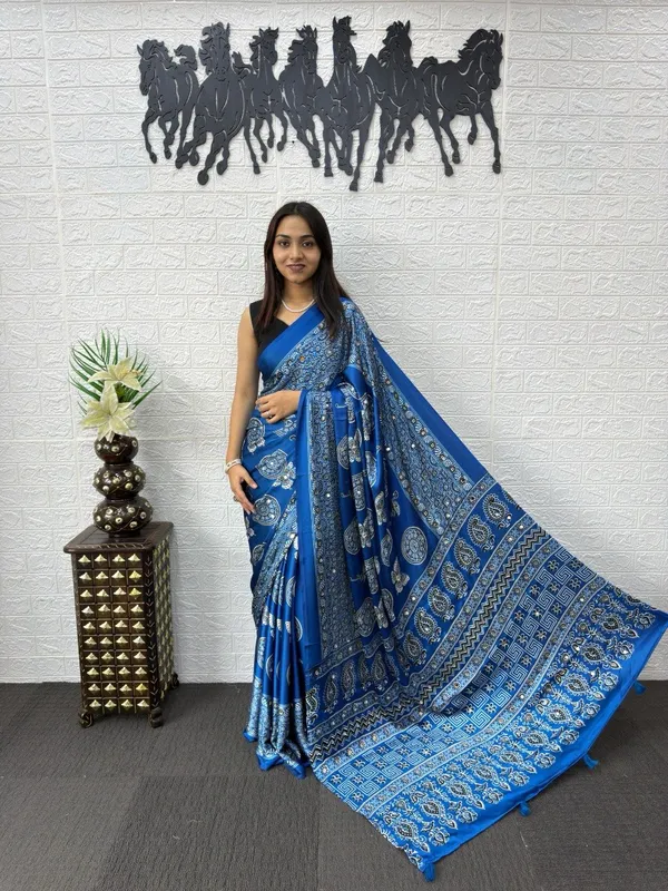 Blue_Satin_Silk_Printed_Saree_For_Women