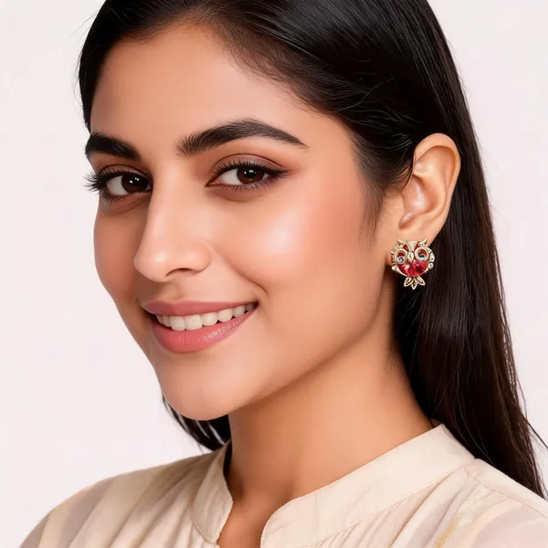 Owl_Stud_Earrings_In_Gold_Tone_Alloy_Trendy_Daily_Wear_Red