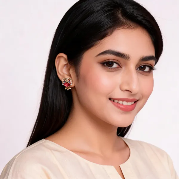 Owl_Stud_Earrings_In_Gold_Tone_Alloy_Trendy_Daily_Wear_Red