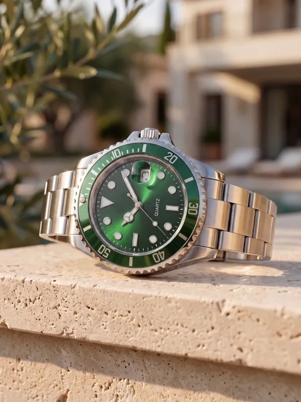 Silver_Stainless_Steel_Green_Dial_Quartz_Watch_for_Men