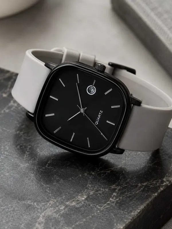 Black_Square_Dial_Watch_With_White_Strap_for_Men