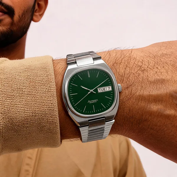 Silver_Stainless_Steel_Green_Dial_Day_Date_Quartz_Watch_For_Men