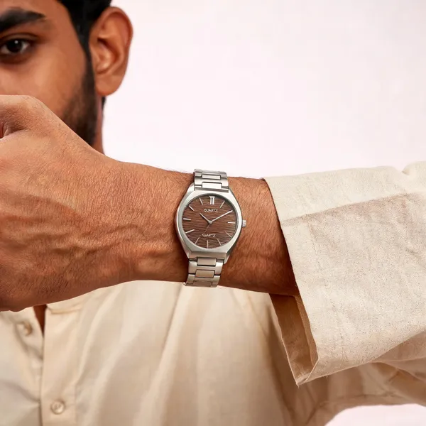 Silver_Stainless_Steel_Brown_Dial_Metal_Bracelet_Quartz_Watch_For_Men
