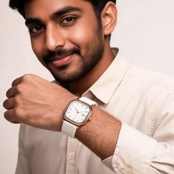 White_Silicone_Rose_Gold_Tone_Square_Dial_Analog_Watch_For_Men