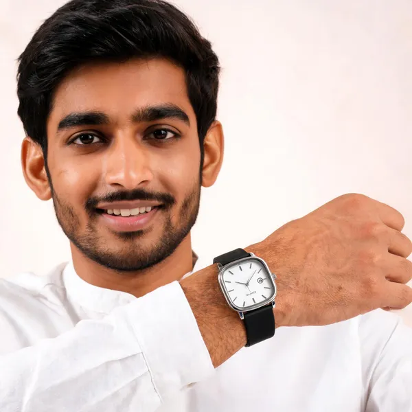 Silver_Stainless_Steel_White_Dial_Square_Quartz_Watch_For_Men