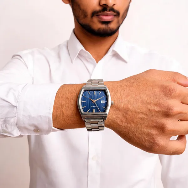 Silver_Stainless_Steel_Blue_Dial_Rectangular_Quartz_Watch_For_Men