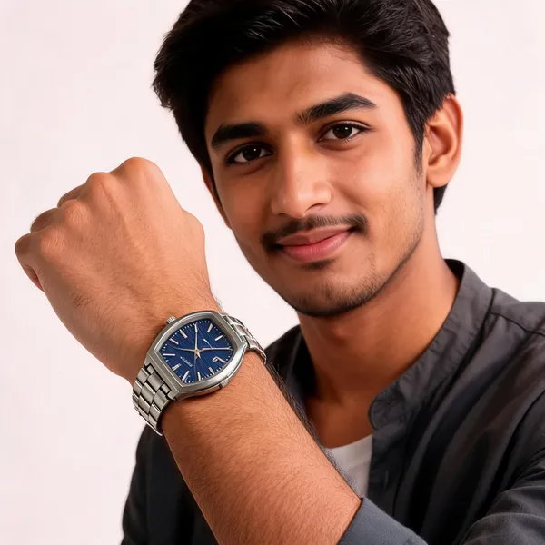 Silver_Stainless_Steel_Blue_Dial_Rectangular_Quartz_Watch_For_Men