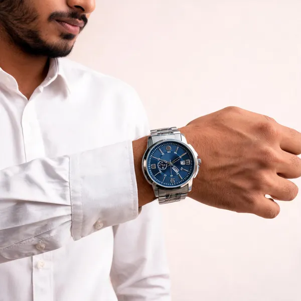 Silver_Stainless_Steel_Blue_Dial_Chronograph_Watch_For_Men