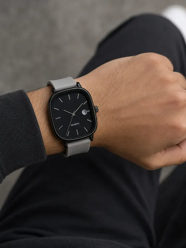 Black_Square_Dial_Watch_With_White_Strap_for_Men