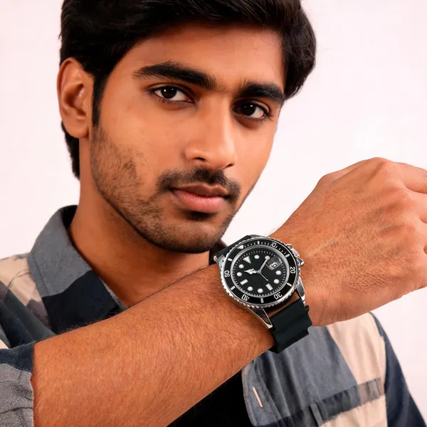 Black_Silicone_Silver_Tone_Rotating_Bezel_Analog_Watch_For_Men