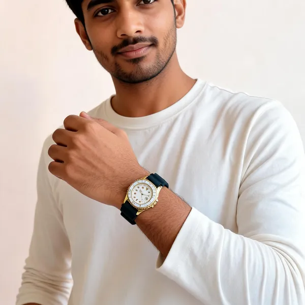 Gold_Tone_Blue_Silicone_White_Dial_Analog_Watch_For_Men
