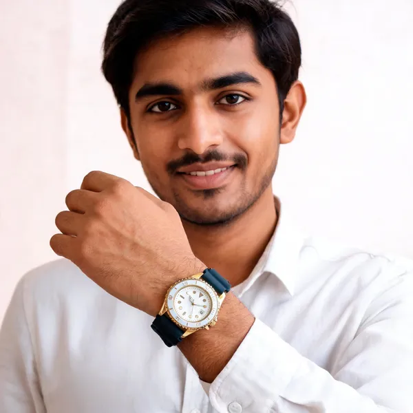 Gold_Tone_Blue_Silicone_White_Dial_Analog_Watch_For_Men