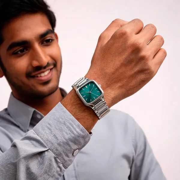 Silver_Stainless_Steel_Square_Teal_Dial_Analog_Watch_For_Men