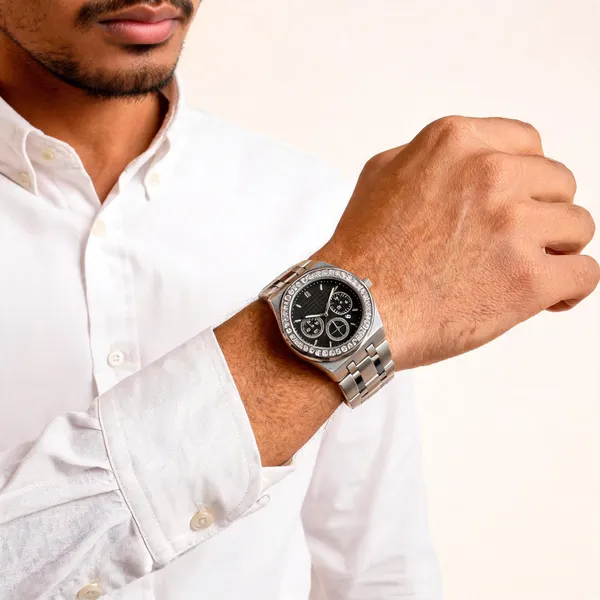 Silver_Stainless_Steel_Black_Dial_Chronograph_Watch_For_Men