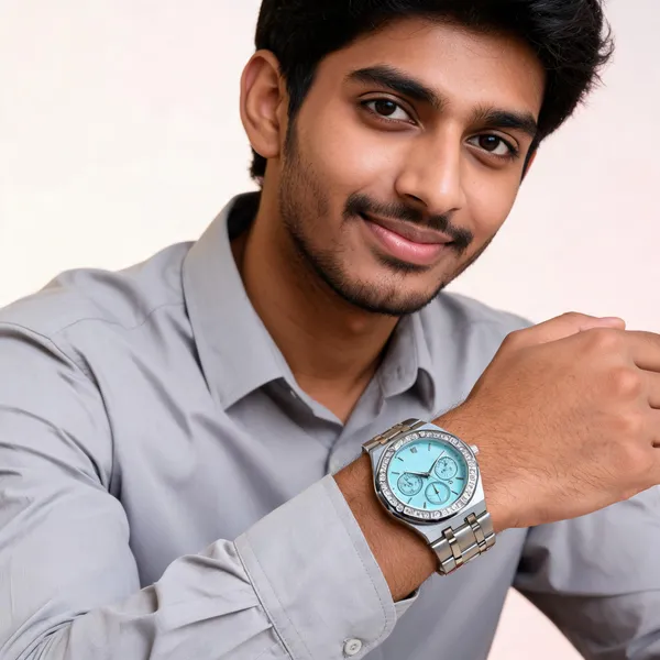 Silver_Stainless_Steel_Turquoise_Dial_Chronograph_Watch_For_Men