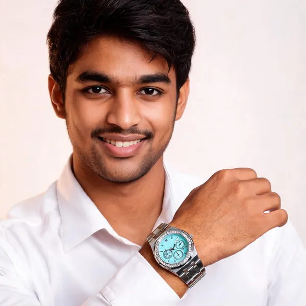 Silver_Stainless_Steel_Turquoise_Dial_Chronograph_Watch_For_Men