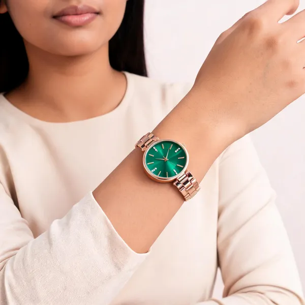 Rose_Gold_Green_Stainless_Steel_Metal_Link_Analogue_Watch_For_Women