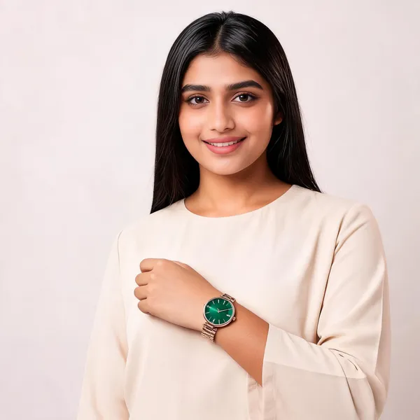 Rose_Gold_Green_Stainless_Steel_Metal_Link_Analogue_Watch_For_Women