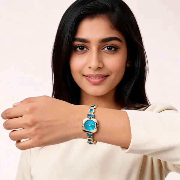 Gold_Blue_Stainless_Steel_Geometric_Link_Bracelet_Analog_Watch_For_Women