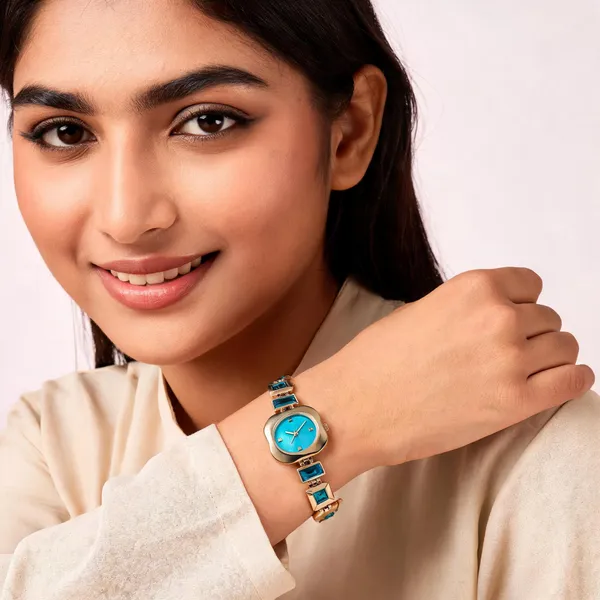 Gold_Blue_Stainless_Steel_Geometric_Link_Bracelet_Analog_Watch_For_Women