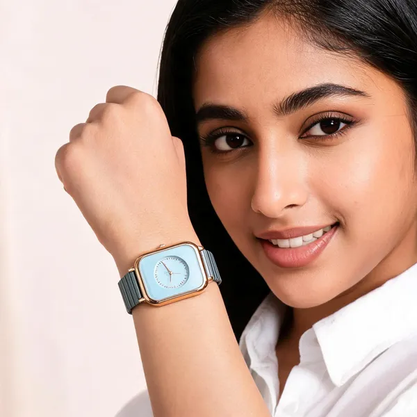 Blue_Stainless_Steel_Ribbed_Strap_Square_Analog_Watch_For_Women