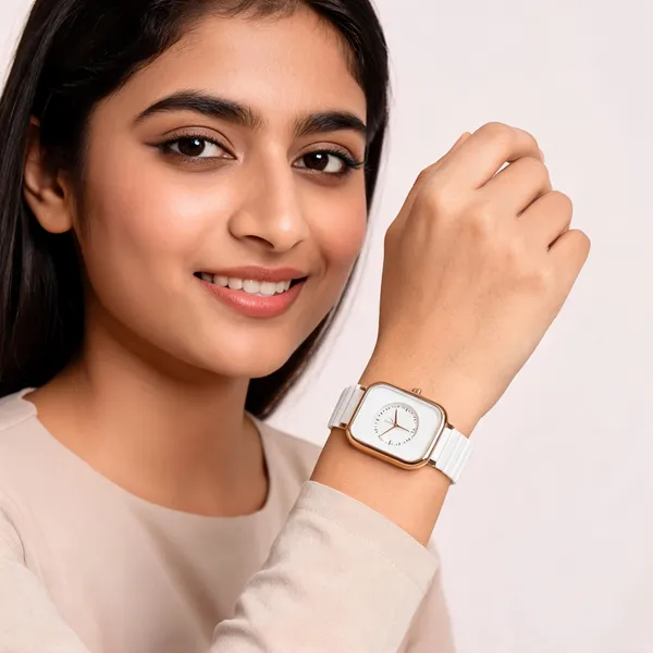 White_Stainless_Steel_Segmented_Bracelet_Rectangular_Analog_Watch_For_Women