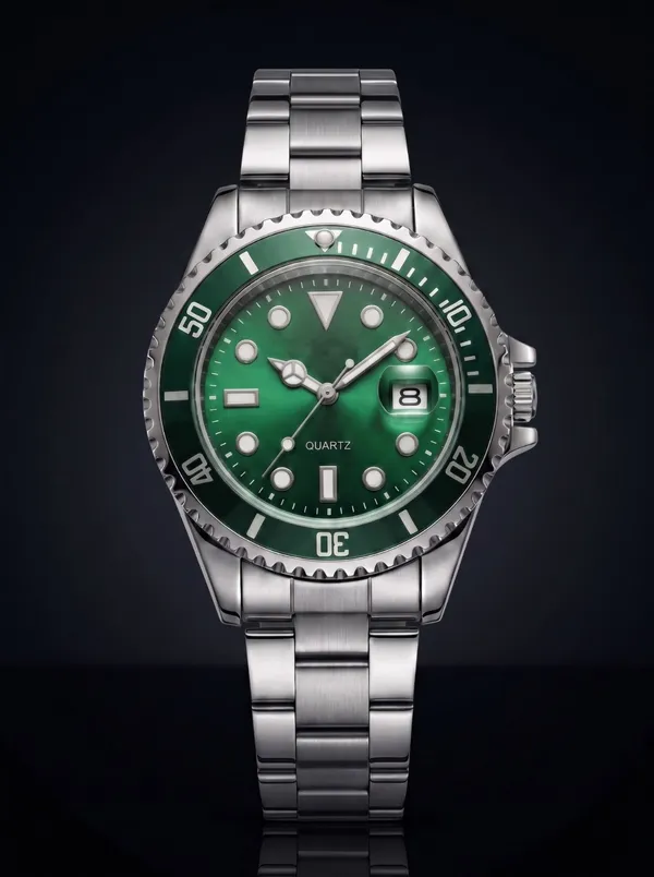 Silver_Stainless_Steel_Green_Dial_Quartz_Watch_for_Men