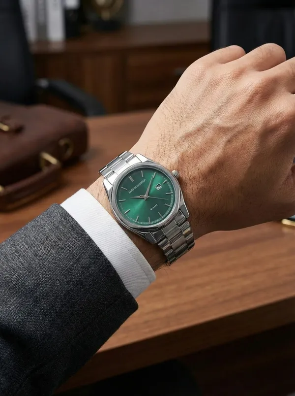 Silver_Tone_Green_Dial_Analog_Watch_for_Adults