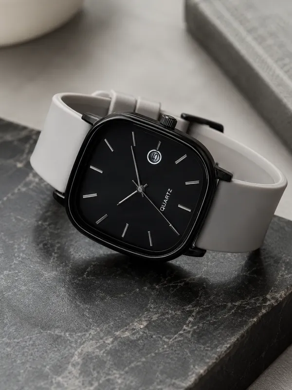 Black_Square_Dial_Watch_With_White_Strap_for_Men